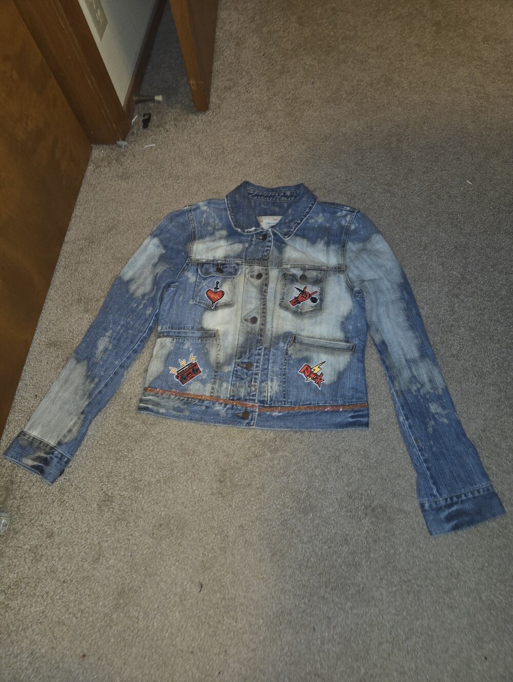 Upcycled Bleached Distressed Jean Jacket | Rock Graphic Patches | Custom Denim